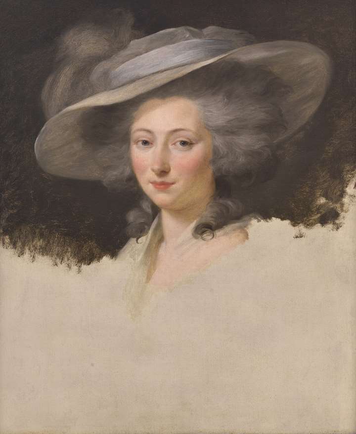 Portrait of a Lady, head and Shoulders, wearing a Grey Hat